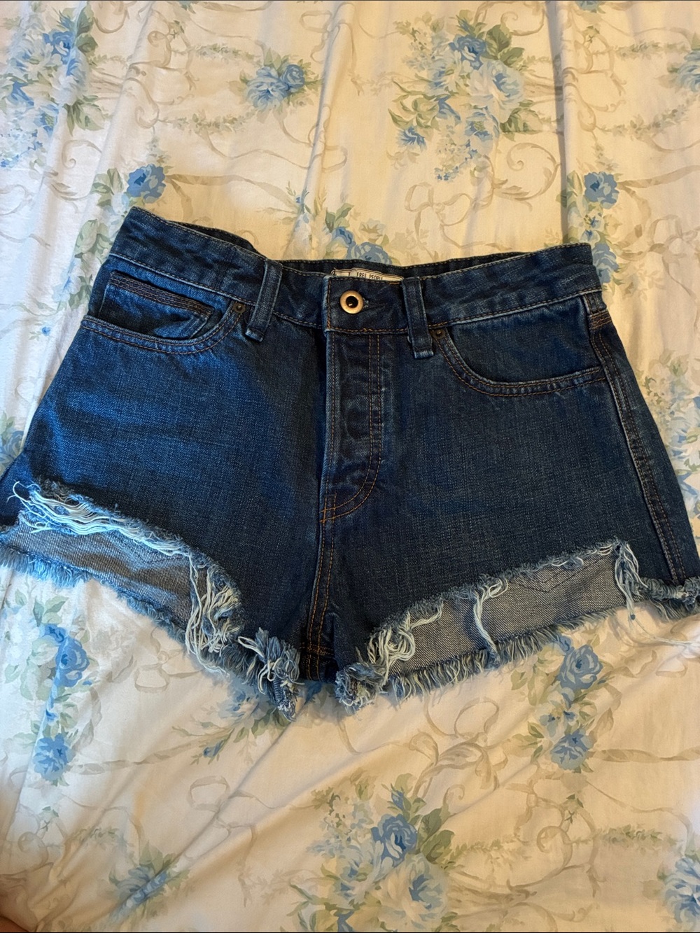 Free People Dark Blue Denim Cutoff Shorts with Frayed Hem